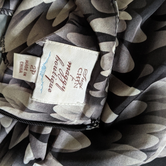 Suzi Chin for Maggie Boutique Gray Black Soft Feathered Print Dress Tie Waist - Picture 7 of 7